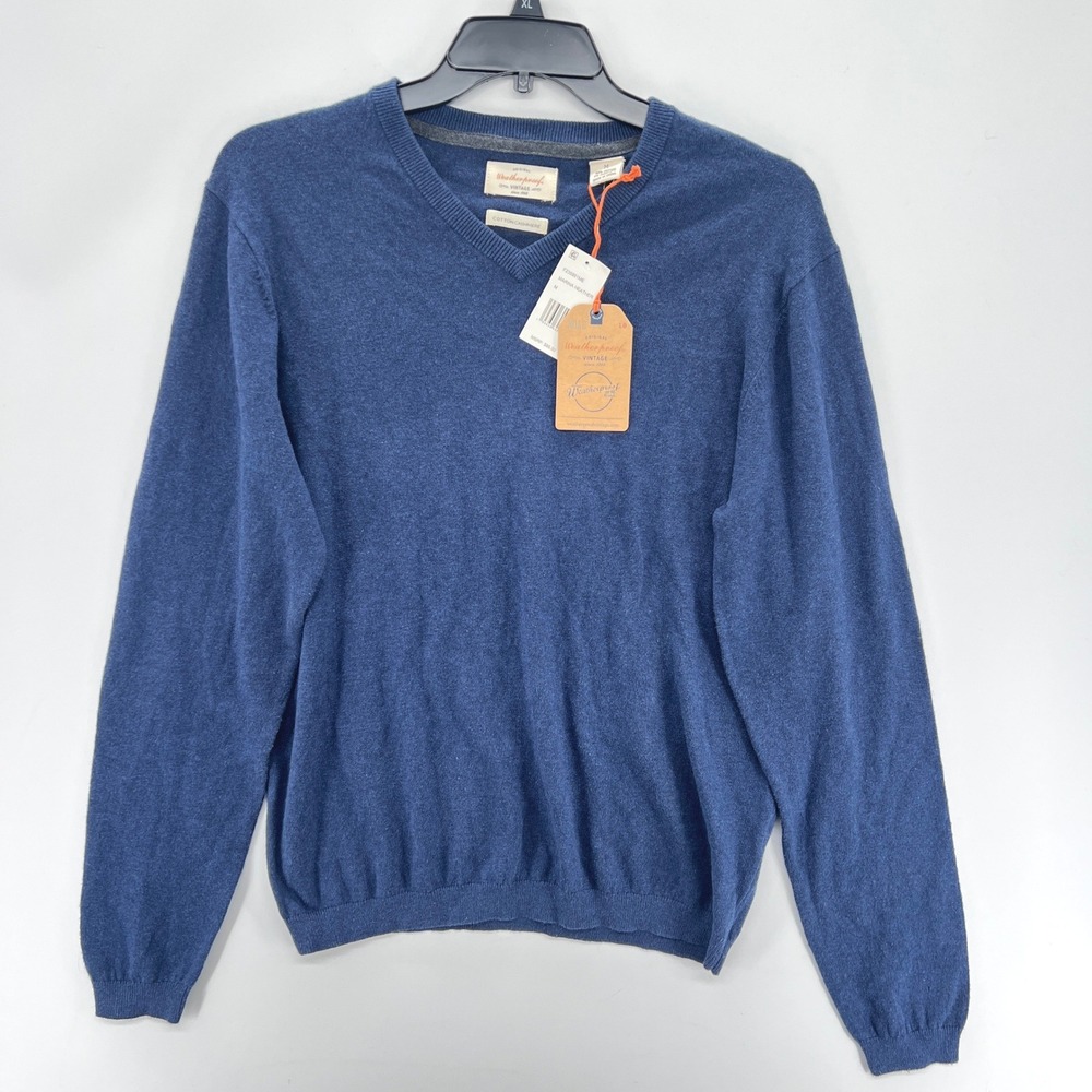NEW Weatherproof Vintage Mens V Neck Sweater Cotton Cashmere Blue‎ M Classic